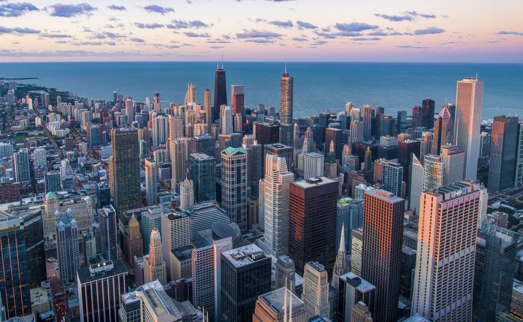 aerial of Chicago Skyline at sunset